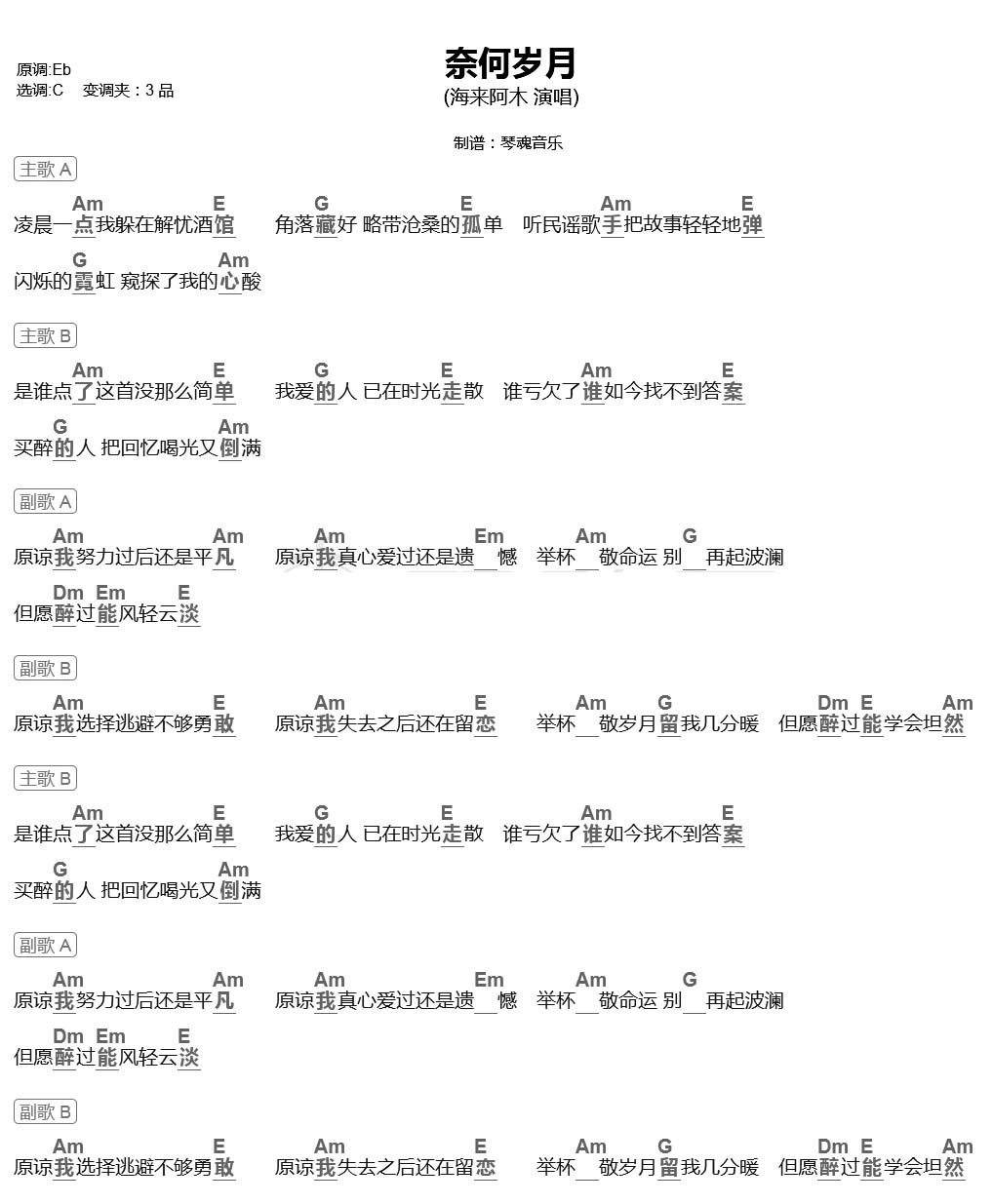 奈何岁月吉他谱_海来阿木_C调和弦弹唱谱_图谱1