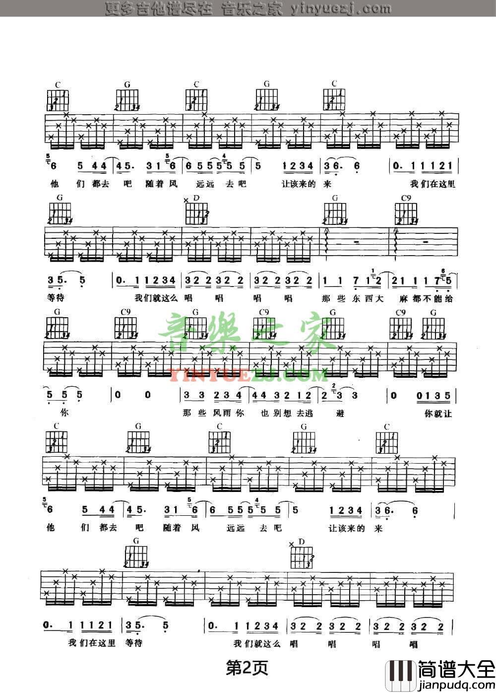 在希望的田野上吉他谱_G调六线谱_朴树