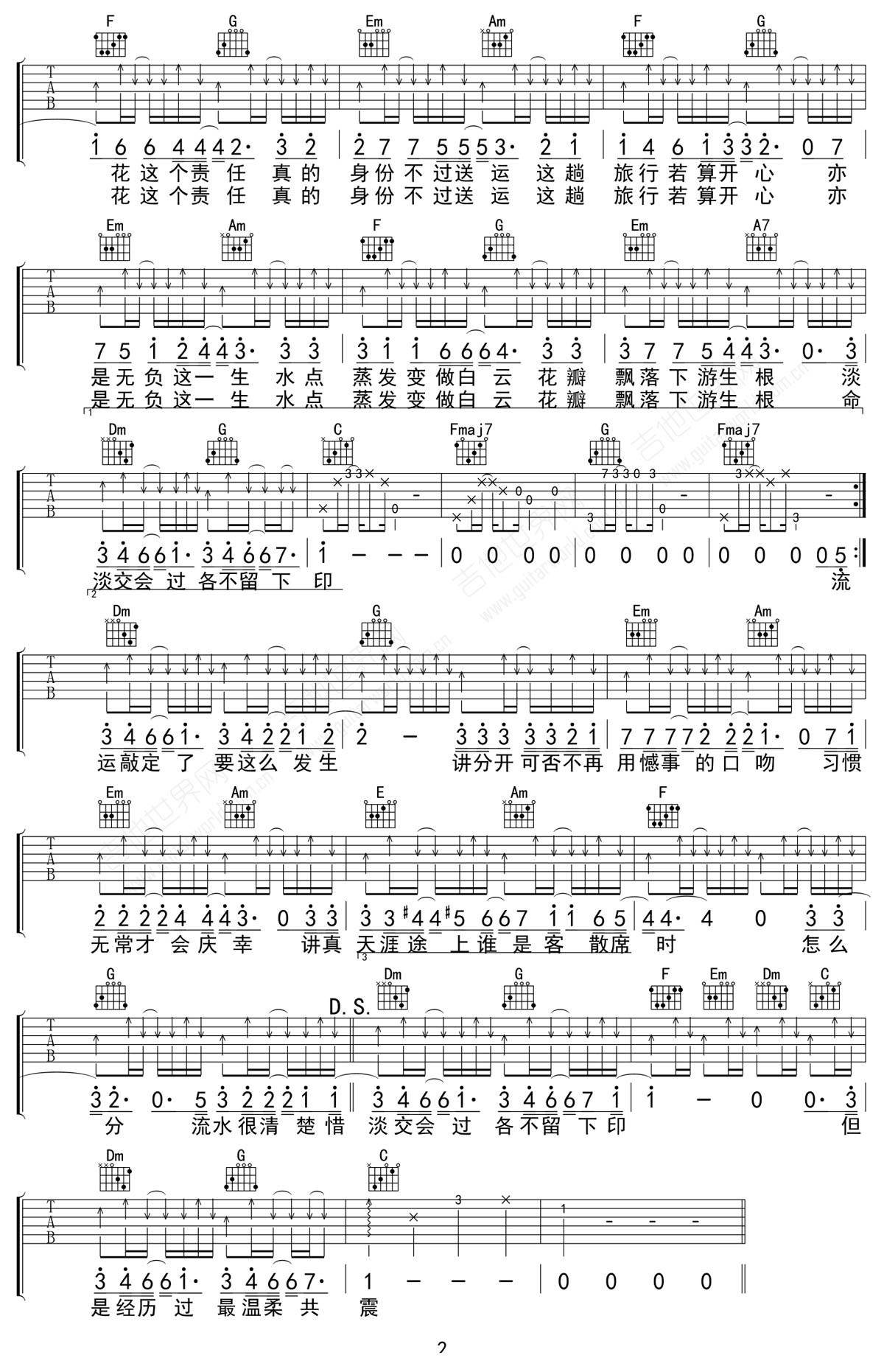 落花流水吉他谱_陈奕迅_C调和弦弹唱谱_简单版_图谱2