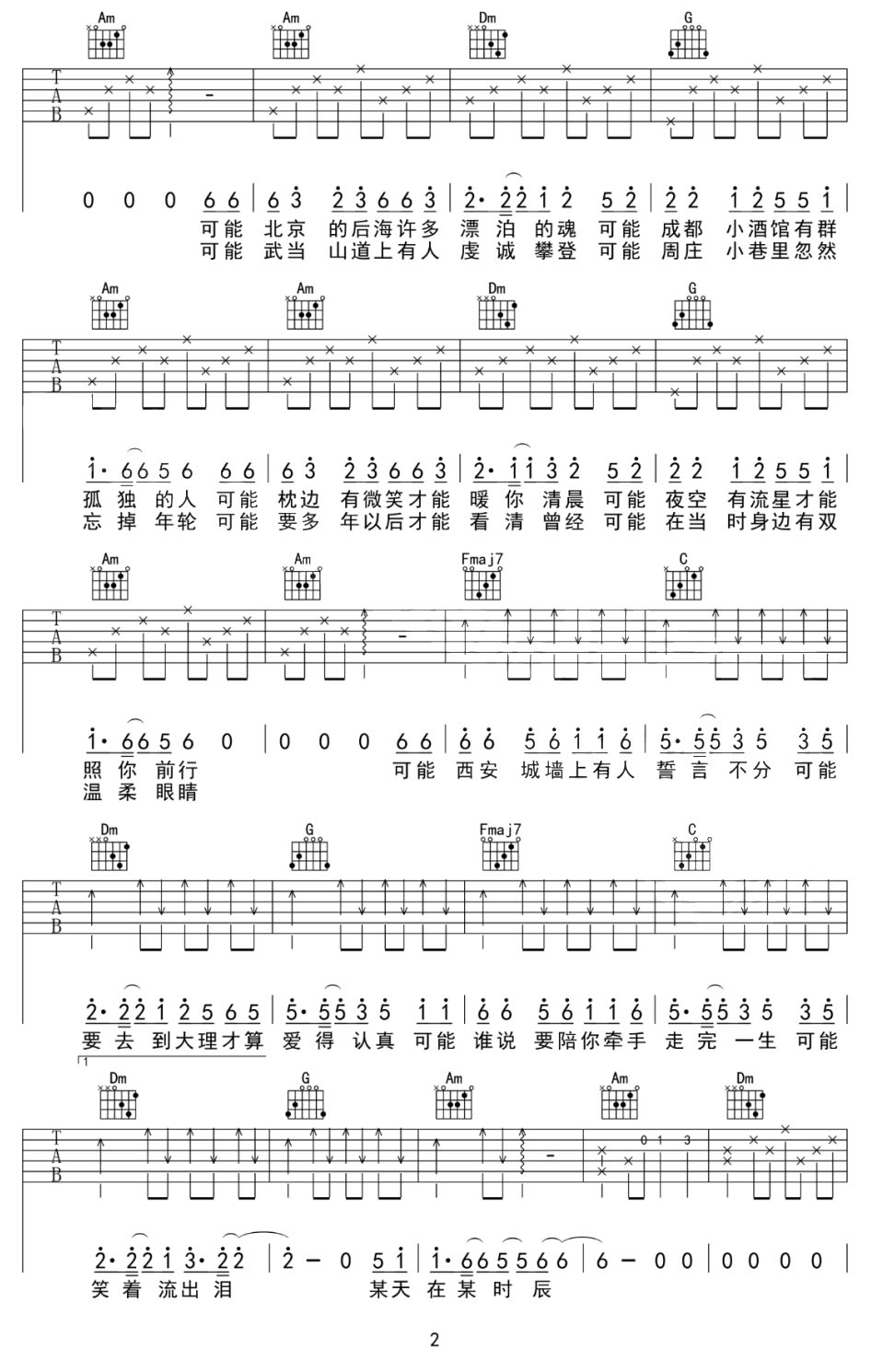 可能吉他谱_程响_C调和弦弹唱谱_简单_图谱2