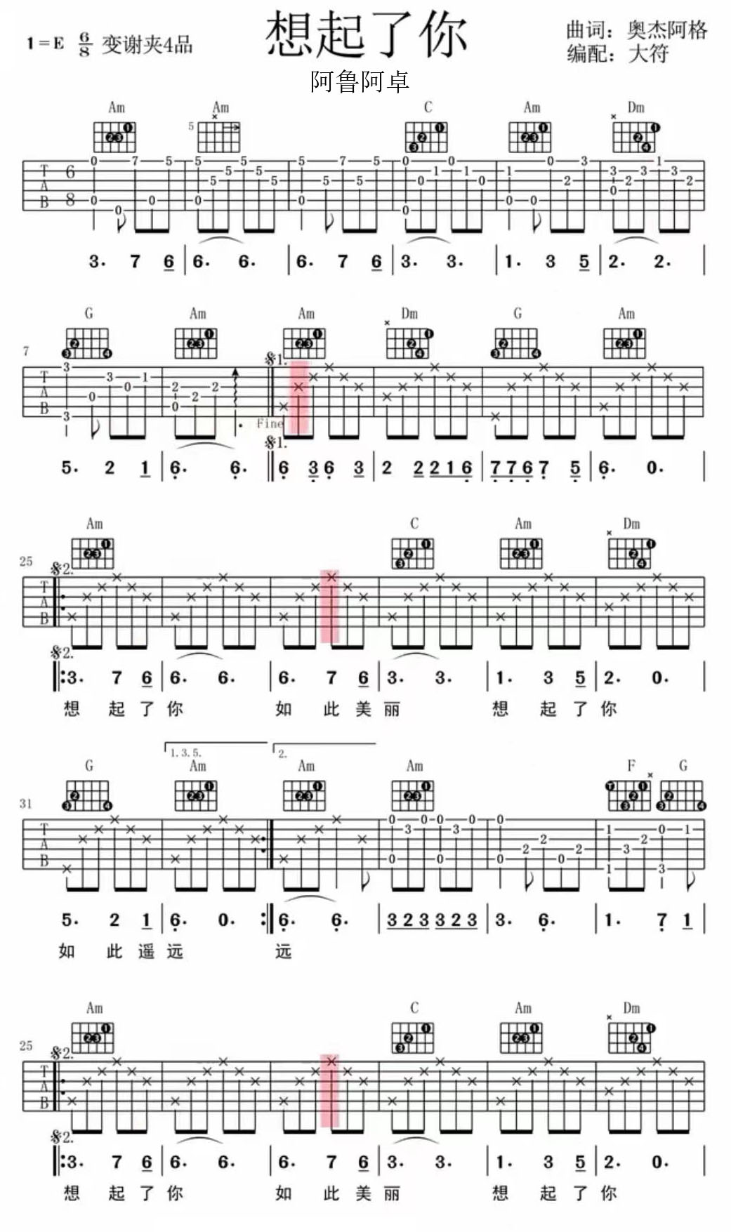想起了你吉他谱_阿鲁阿卓_C调和弦弹唱谱_完整_图谱1