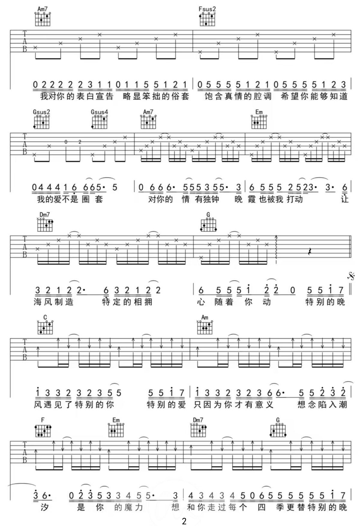 晚风遇见你吉他谱_陆杰_C调和弦弹唱谱_高清_图谱2