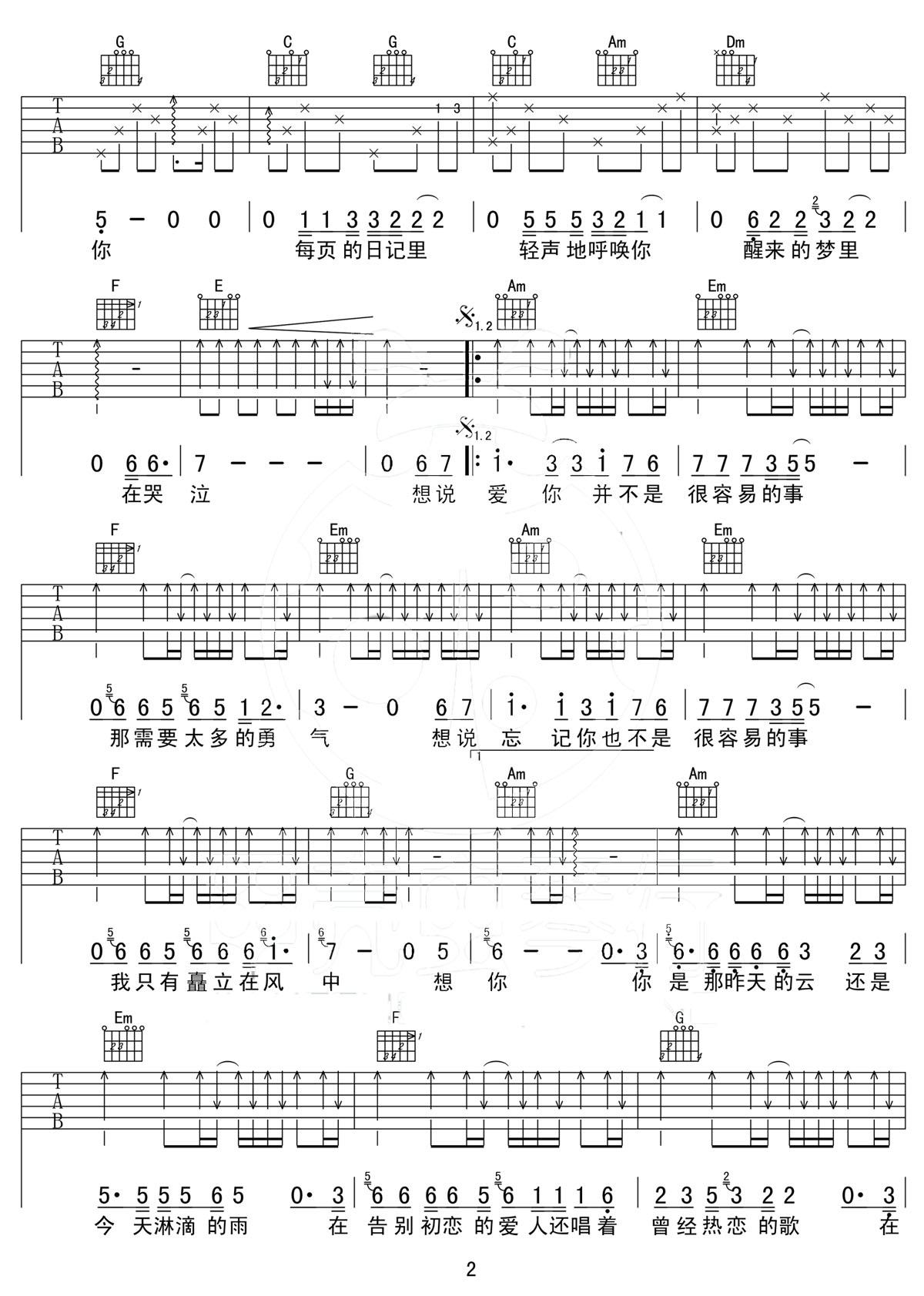 想说爱你不容易吉他谱_王志文_C调和弦弹唱谱_完整版_图谱2