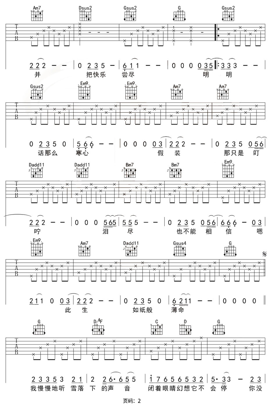 雪落下的声音吉他谱_林俊杰_G调和弦弹唱谱_最新_图谱2