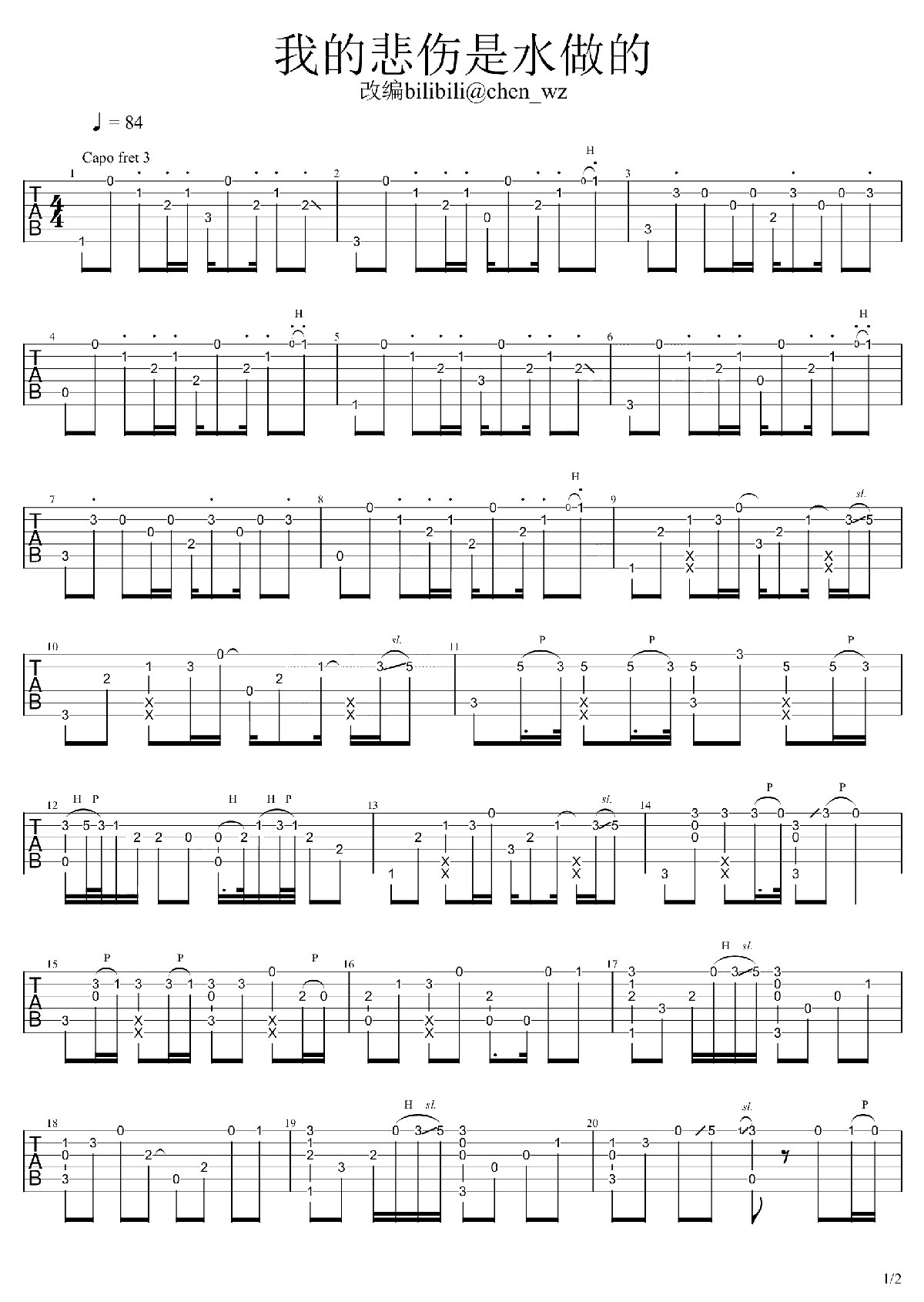 我的悲伤都是水做的吉他谱_洛天依_C调指弹/独奏谱_单音谱_图谱1