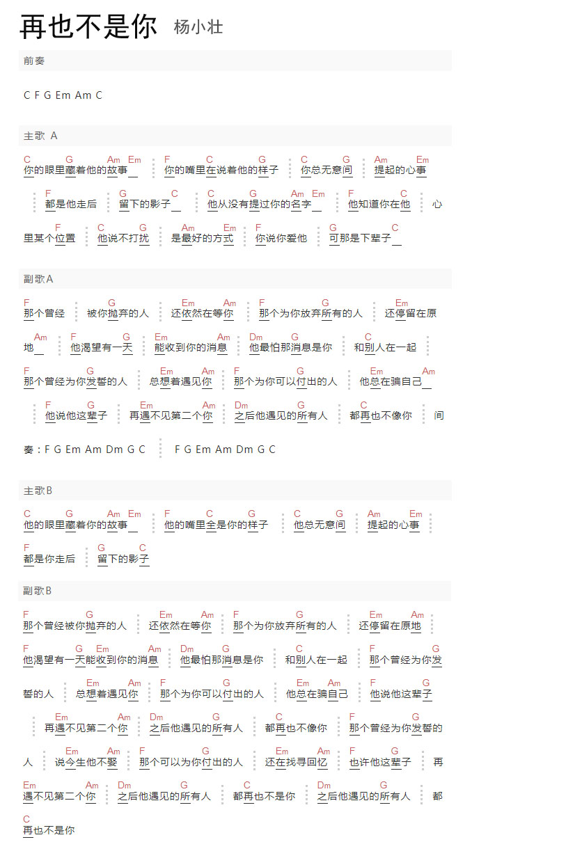 再也不是你吉他谱_杨小壮_C调和弦弹唱谱_单和弦版_图谱1