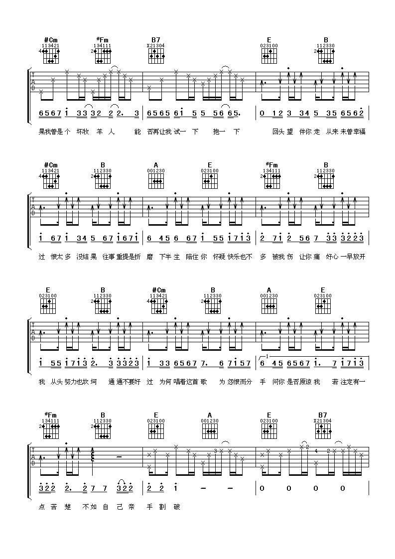 好心分手吉他谱_E调六线谱_阿潘音乐工场编配_王力宏