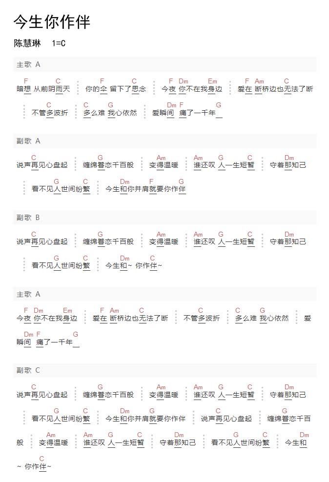 今生你作伴吉他谱_陈慧琳_C调和弦弹唱谱_扫弦版_图谱1