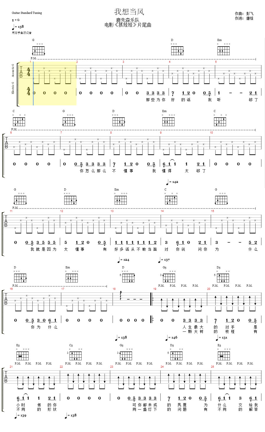 我想当风吉他谱_鹿先森乐队_G调和弦弹唱谱_电影抓娃娃片尾曲完整版_图谱1