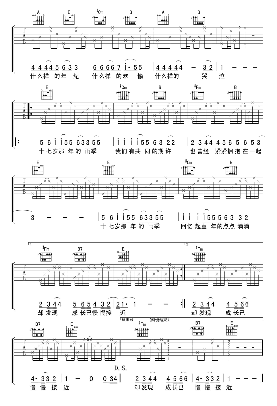 十七岁那年的雨季吉他谱_林志颖_E调和弦弹唱谱_最新完整版_图谱2