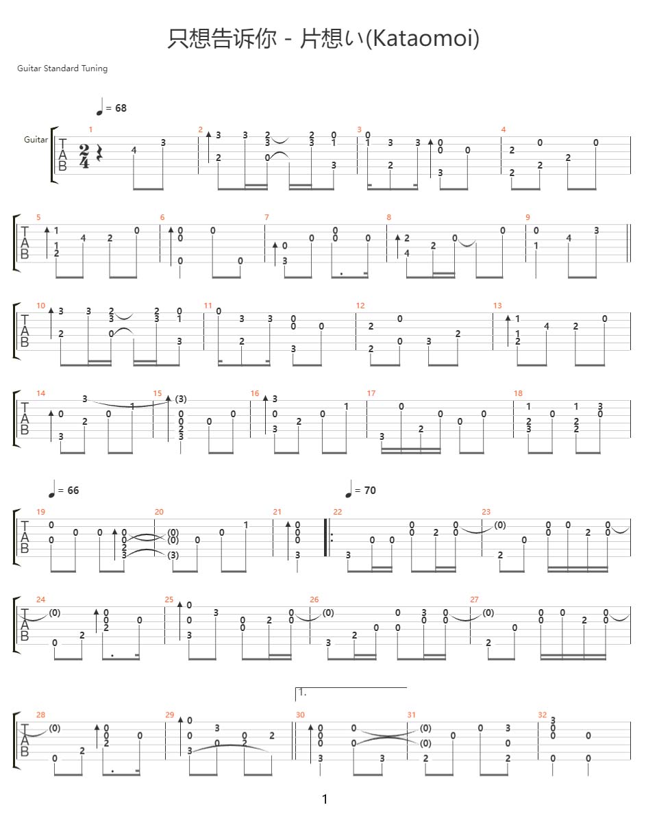 只想告诉你(片想いKataomoi) 吉他谱_动漫游戏_C调指弹/独奏谱_简单版_图谱1