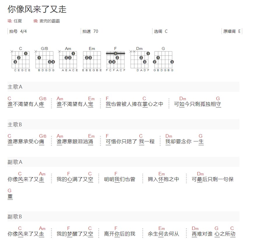 你像风来了又走吉他谱_任夏_C调和弦弹唱谱_和弦版简单_图谱1