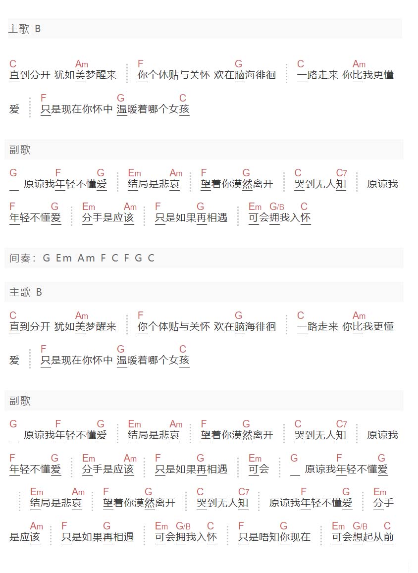 年轻不懂爱吉他谱_康嘉琪_C调和弦弹唱谱_简单和弦版带前奏_图谱2