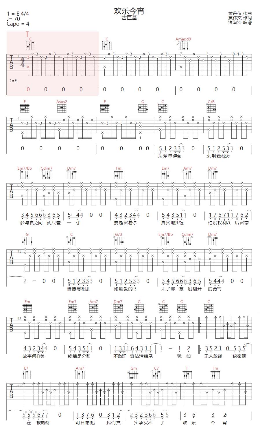 欢乐今宵吉他谱_古巨基_C调和弦弹唱谱_完美版_图谱1