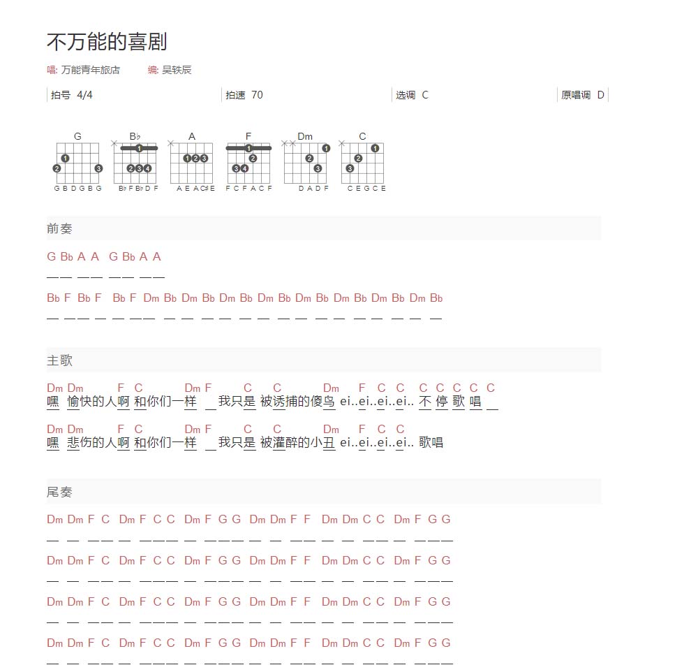 不万能的喜剧吉他谱_万能青年旅店_C调和弦弹唱谱_简单和弦版_图谱1