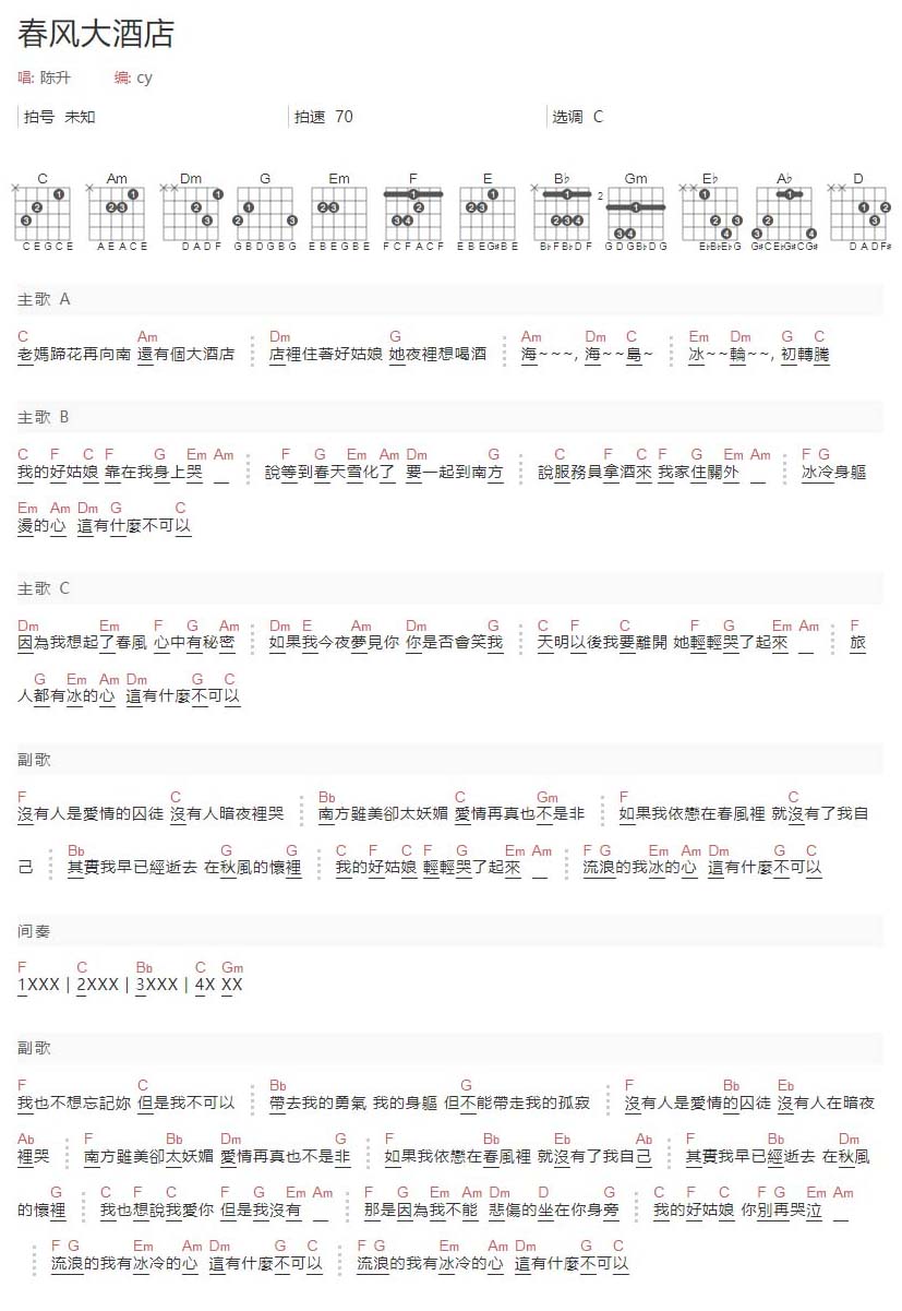 春风大酒店吉他谱_陈升_C调和弦弹唱谱_简单和弦谱_图谱1