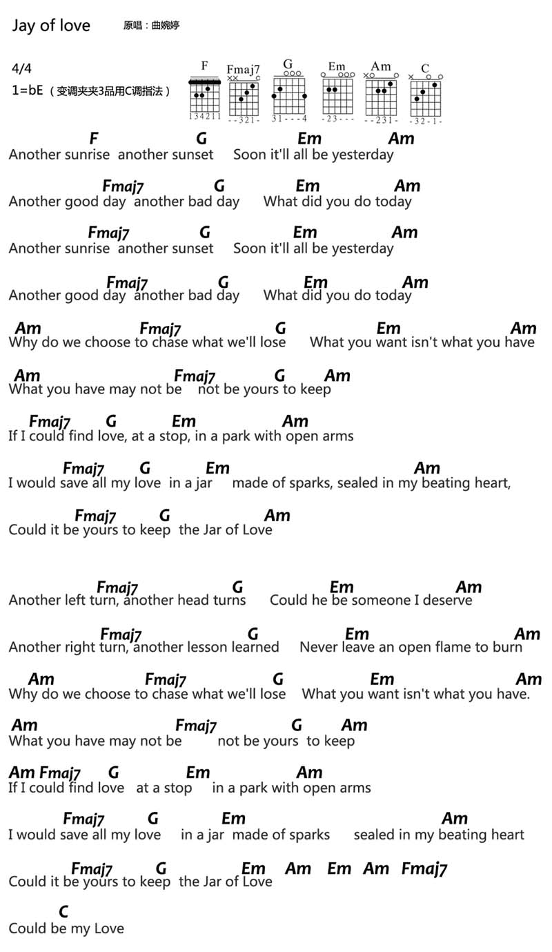 Jar Of Love吉他谱_曲婉婷_C调和弦弹唱谱_简单和弦谱_图谱1