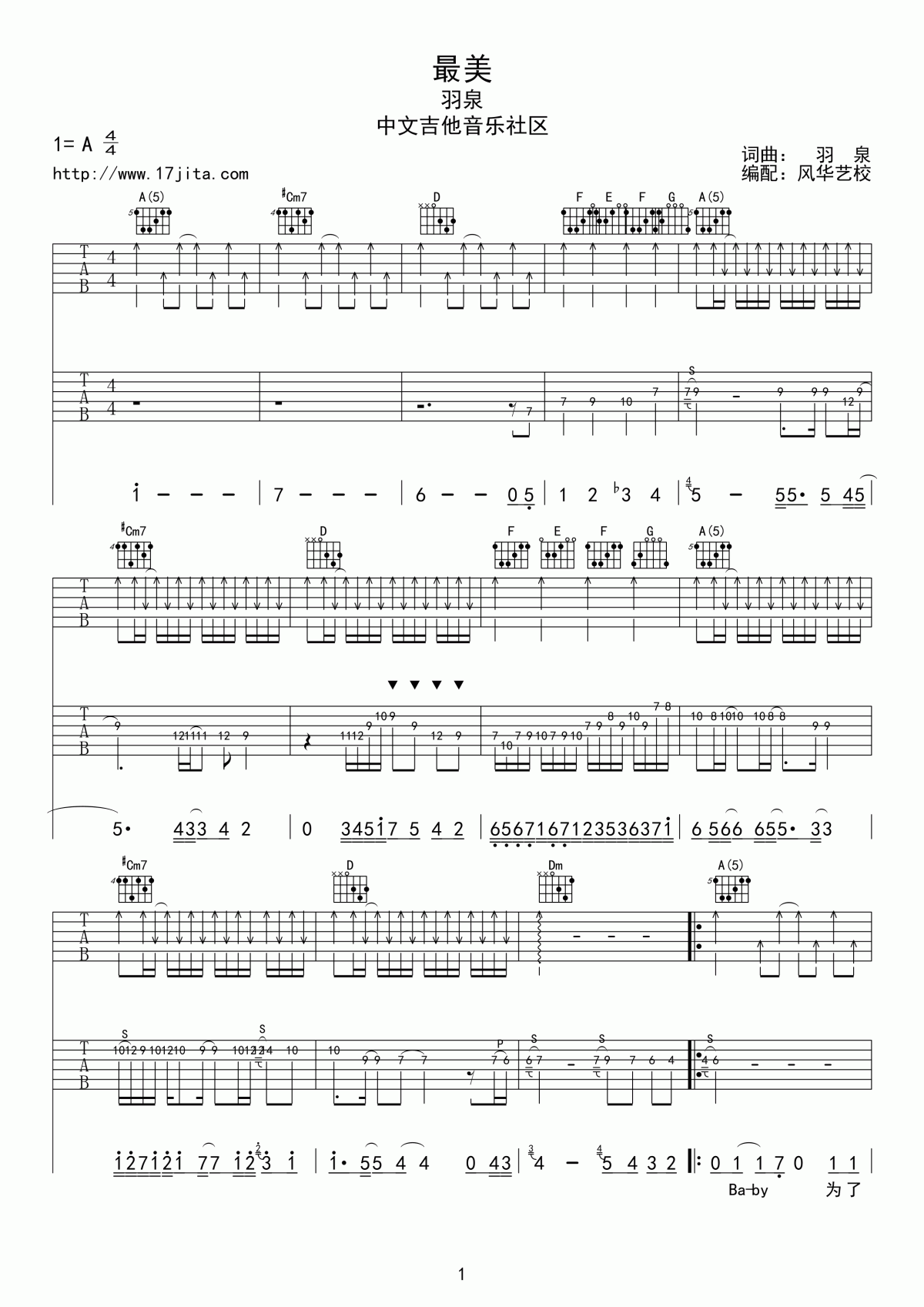 羽泉_最美_吉他谱_风华艺校版