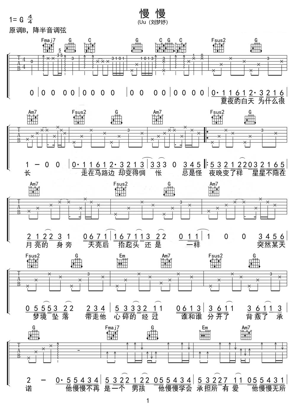 慢慢吉他谱_刘梦妤Uu_G调和弦弹唱谱_完整版带前奏_图谱1