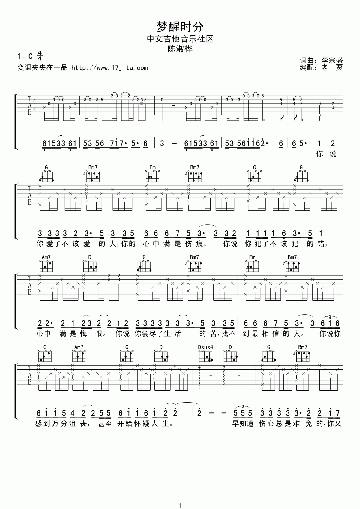 梦醒时分吉他谱_C调_陈淑桦