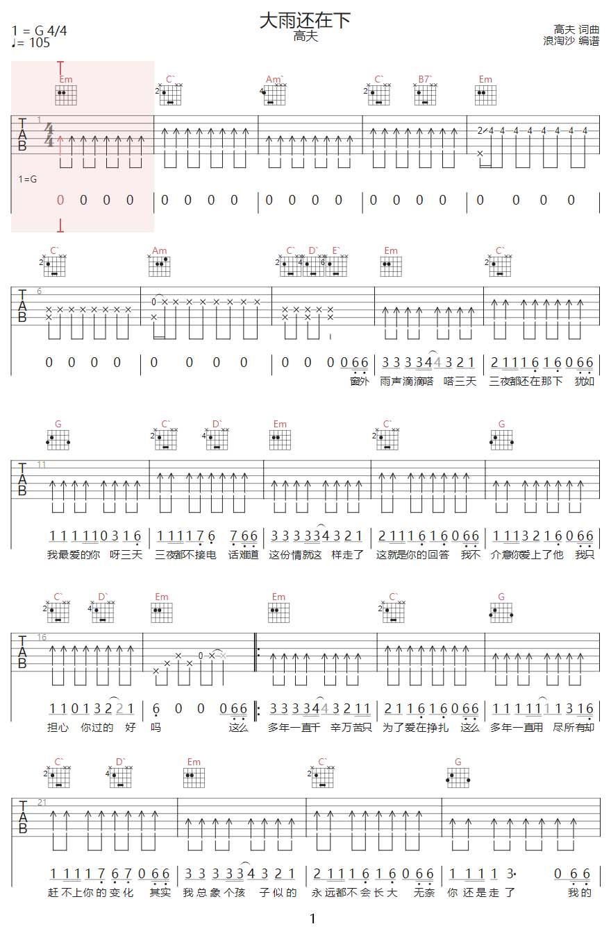 大雨还在下吉他谱_高夫_G调和弦弹唱谱_原版改变_图谱1