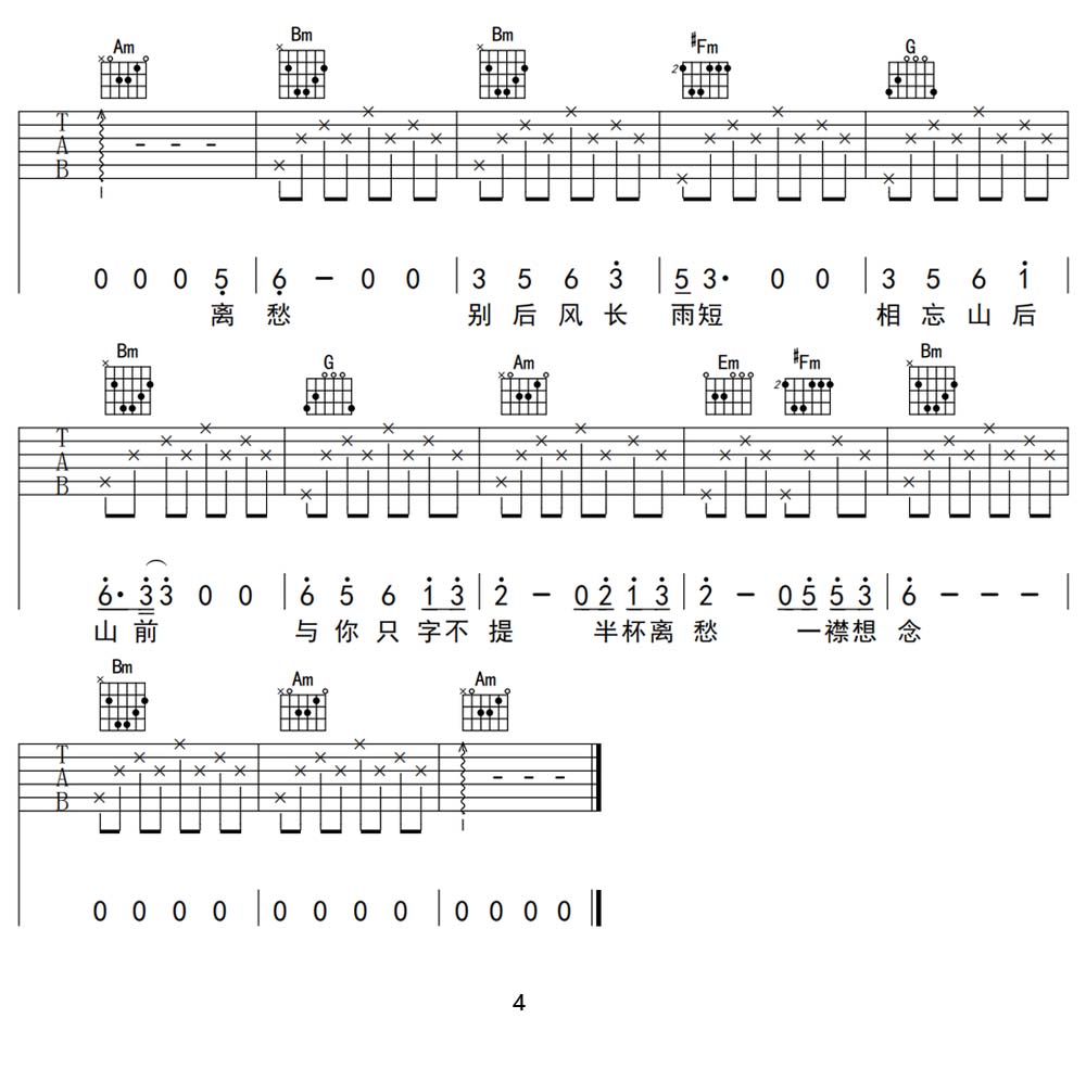 只字不提吉他谱_于和伟_C调和弦弹唱谱_原版带前奏_图谱4