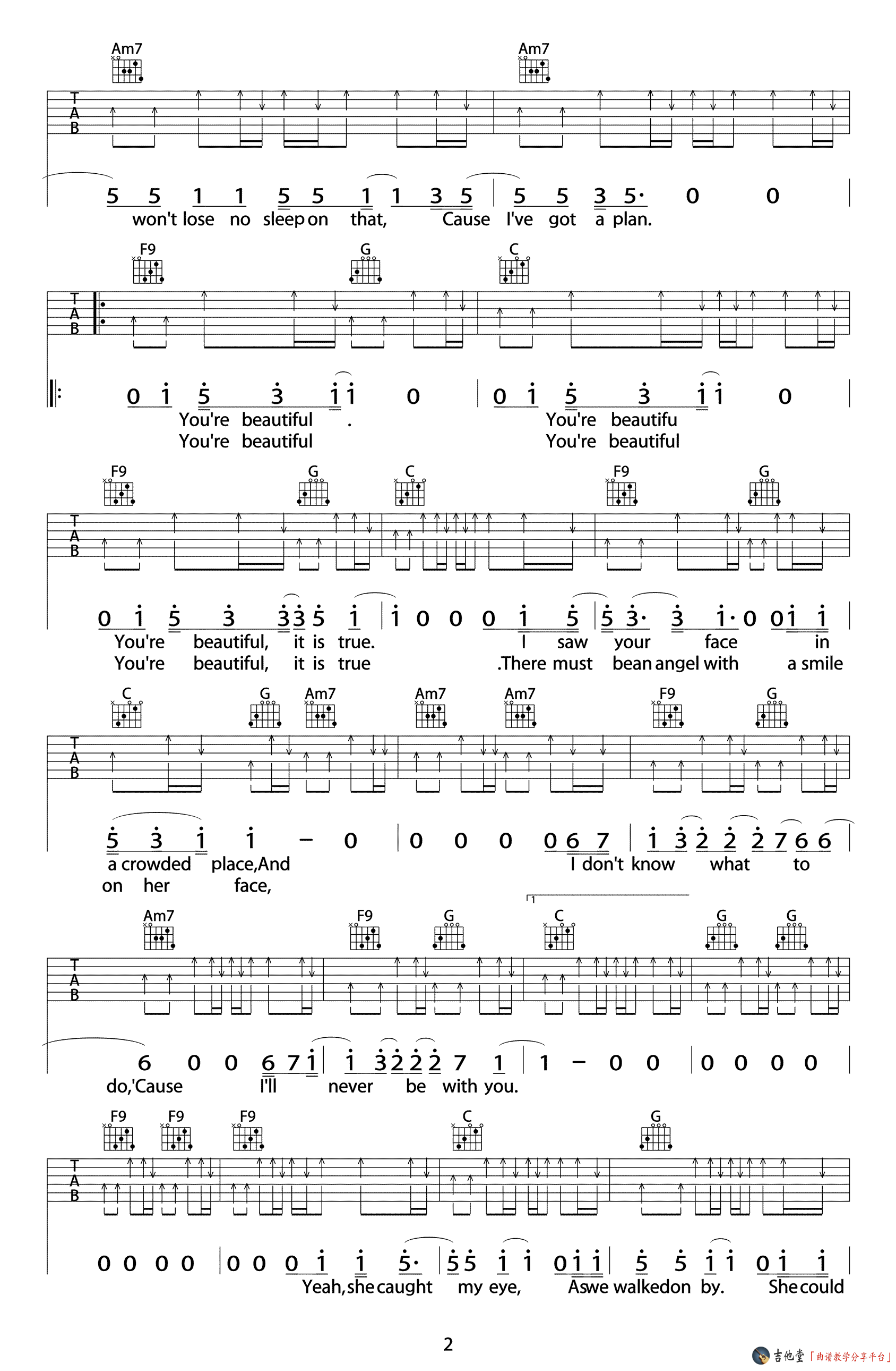 you'beautiful吉他谱_C调高清版_吉他屋编配_James_Blunt