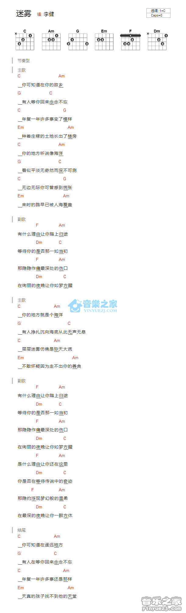 迷雾吉他谱_C调和弦谱_李健