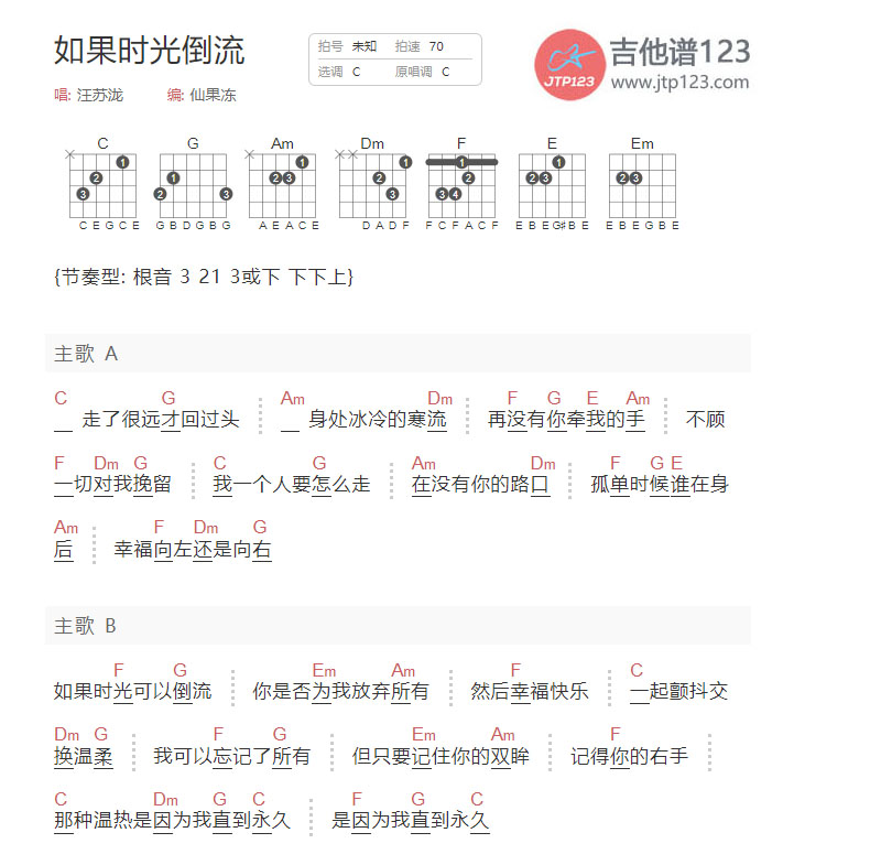 如果时光倒流吉他谱_汪苏泷_C调和弦弹唱谱_简单和弦版_图谱1
