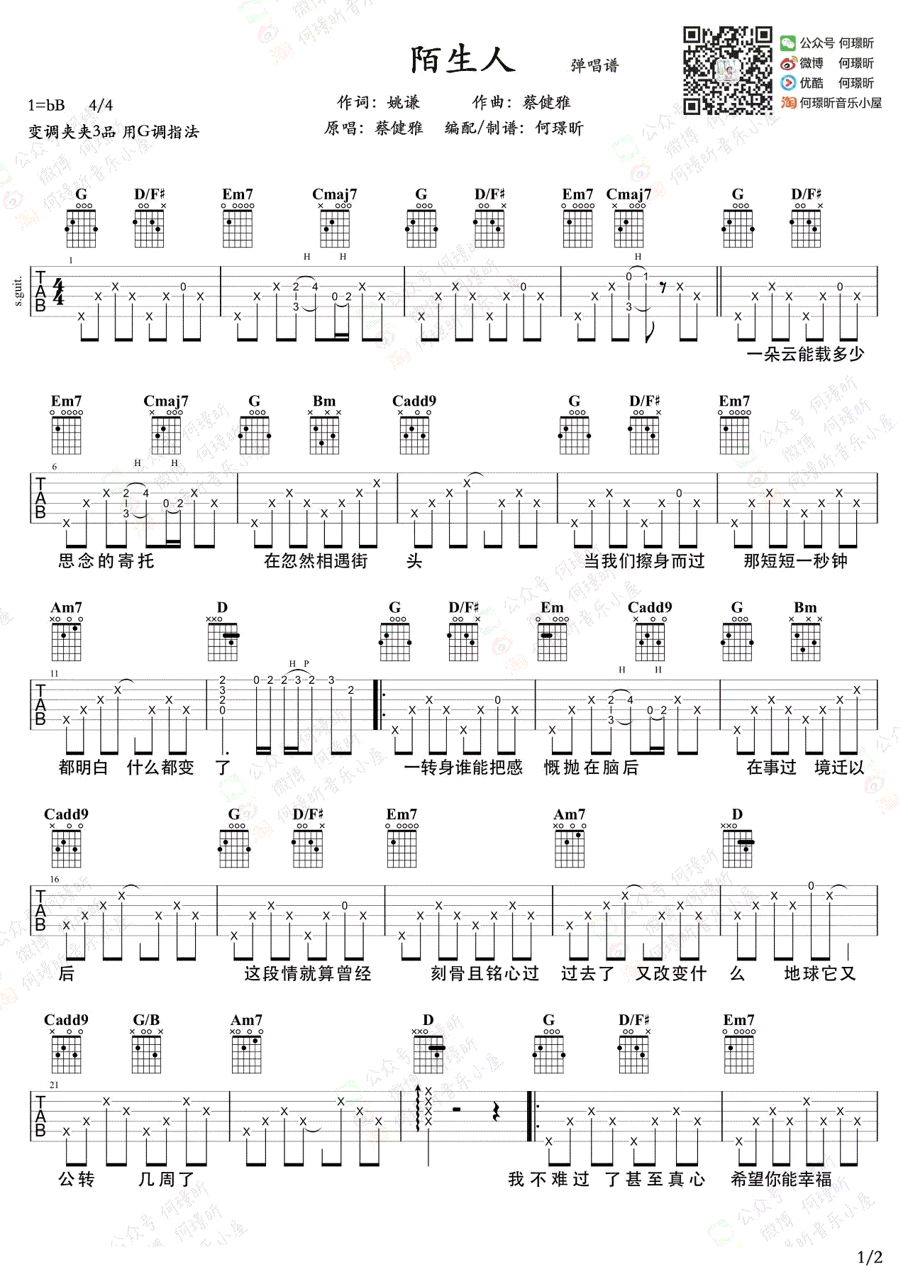 陌生人吉他谱_G调精选版_何璟盺编配_蔡健雅