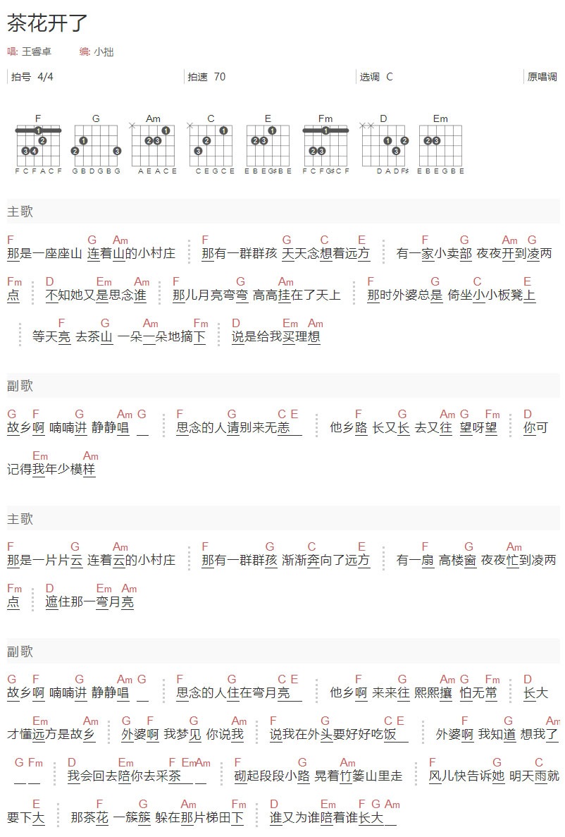 茶花开了吉他谱_王睿卓_C调和弦弹唱谱_简单和弦谱_图谱1