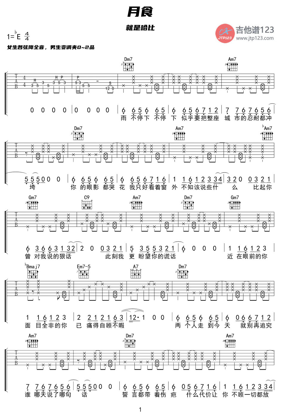 月食吉他谱_就是哈比_C调和弦弹唱谱_带前奏完整版_图谱1