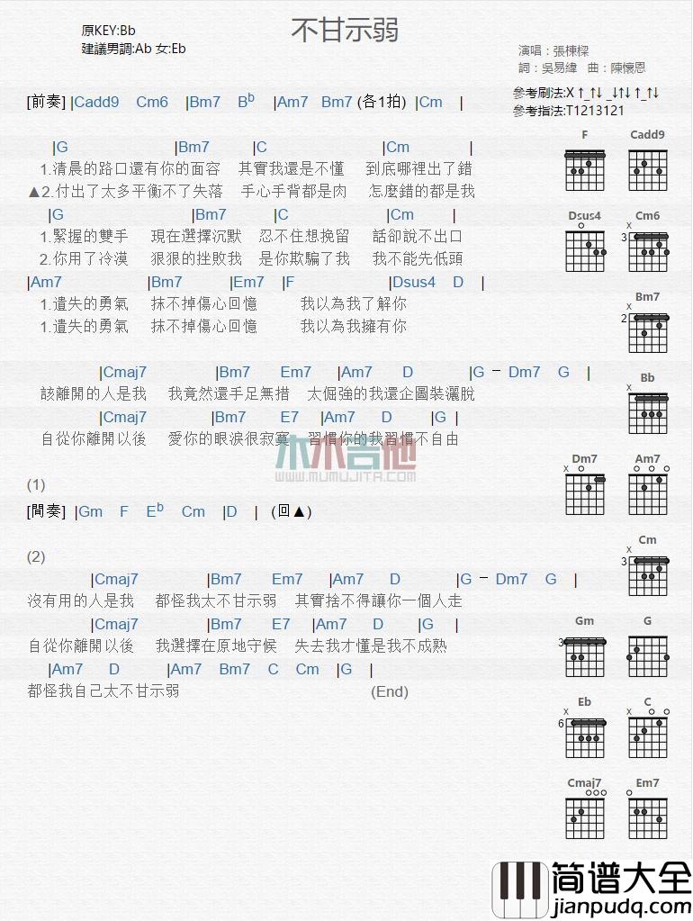 不甘示弱_吉他谱_张栋梁