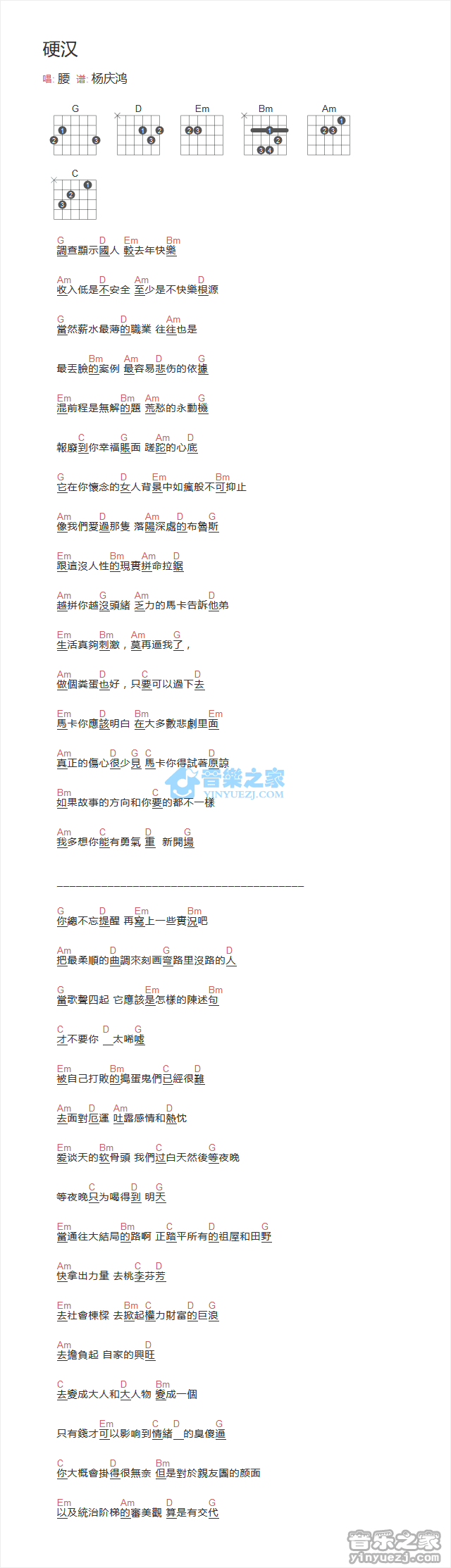 硬汉吉他谱_G调和弦谱_腰乐队