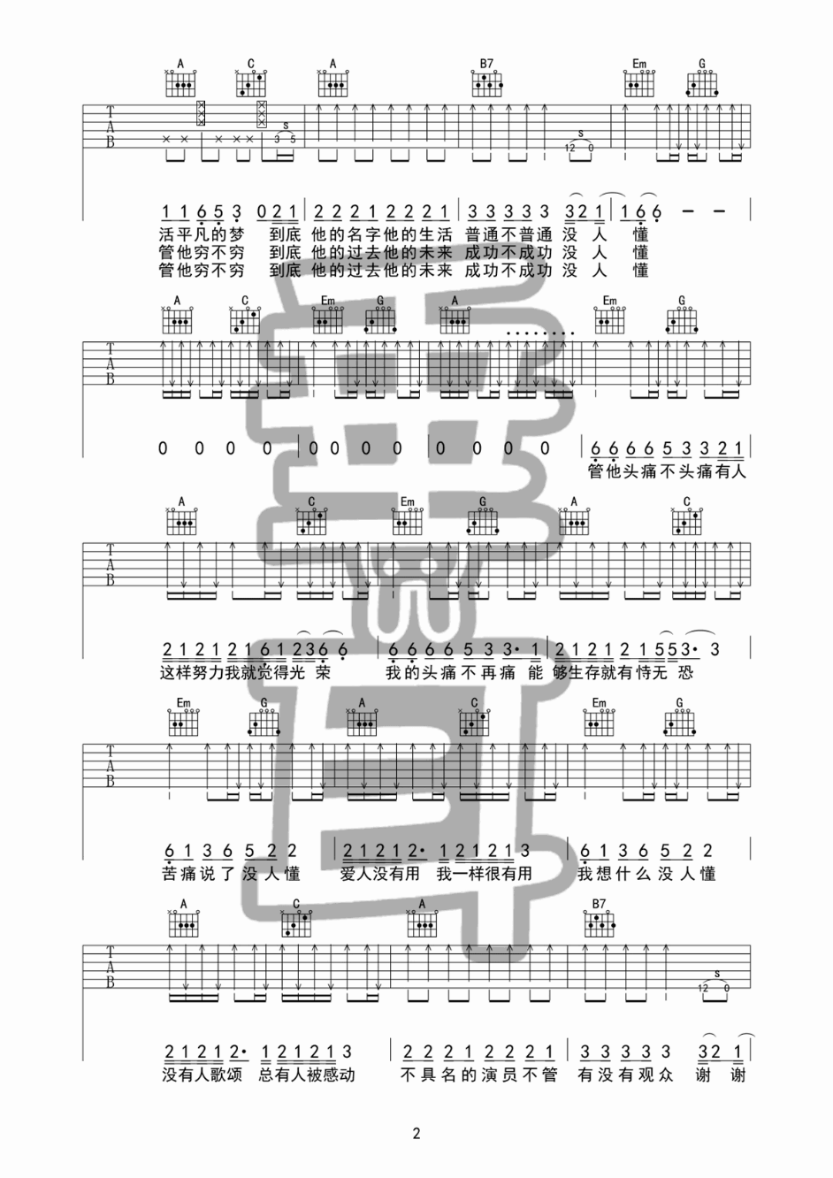 谢谢侬吉他谱_G调附前奏_垂耳吉他编配_陈奕迅