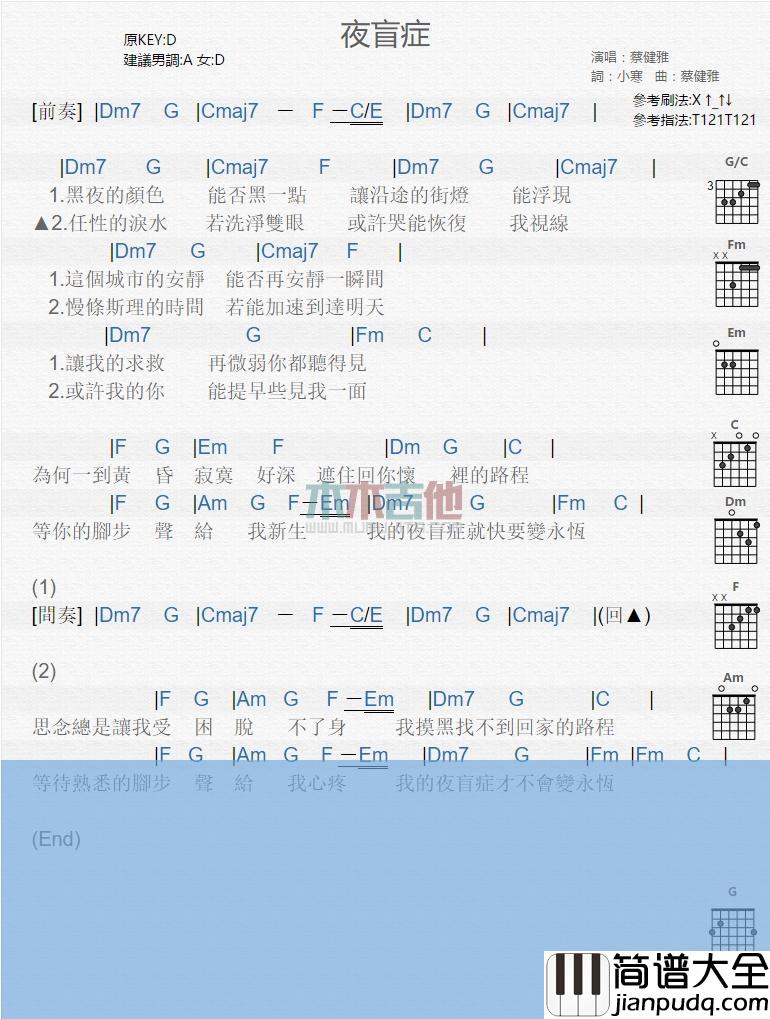 夜盲症_吉他谱_蔡健雅