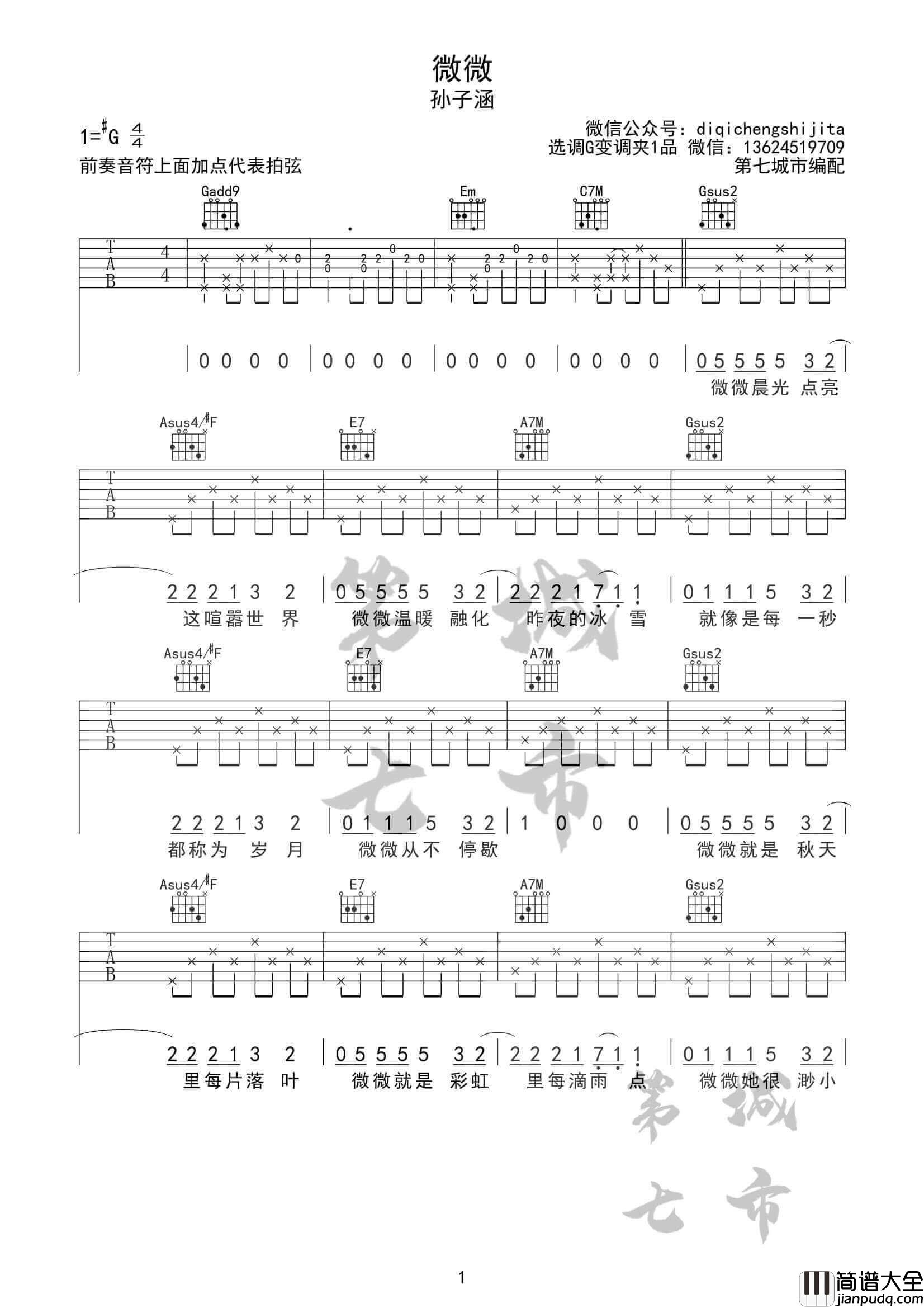 微微吉他谱_G调附前奏_孙子涵