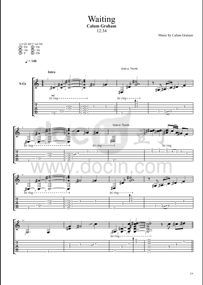 Waiting指弹谱_B调六线谱_Calum_Graham