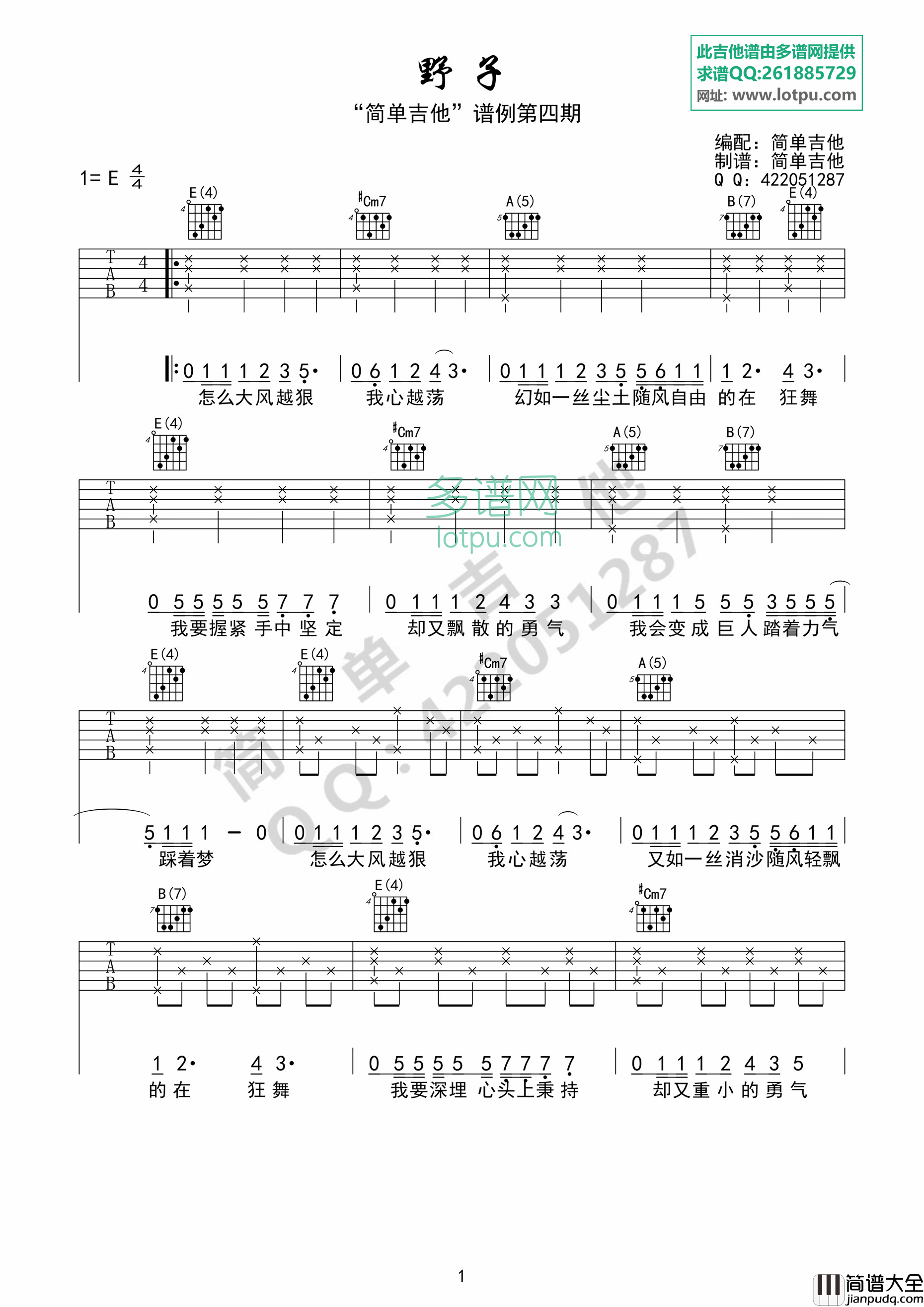 野子吉他谱_E调简单版_简单吉他编配_沙宝亮