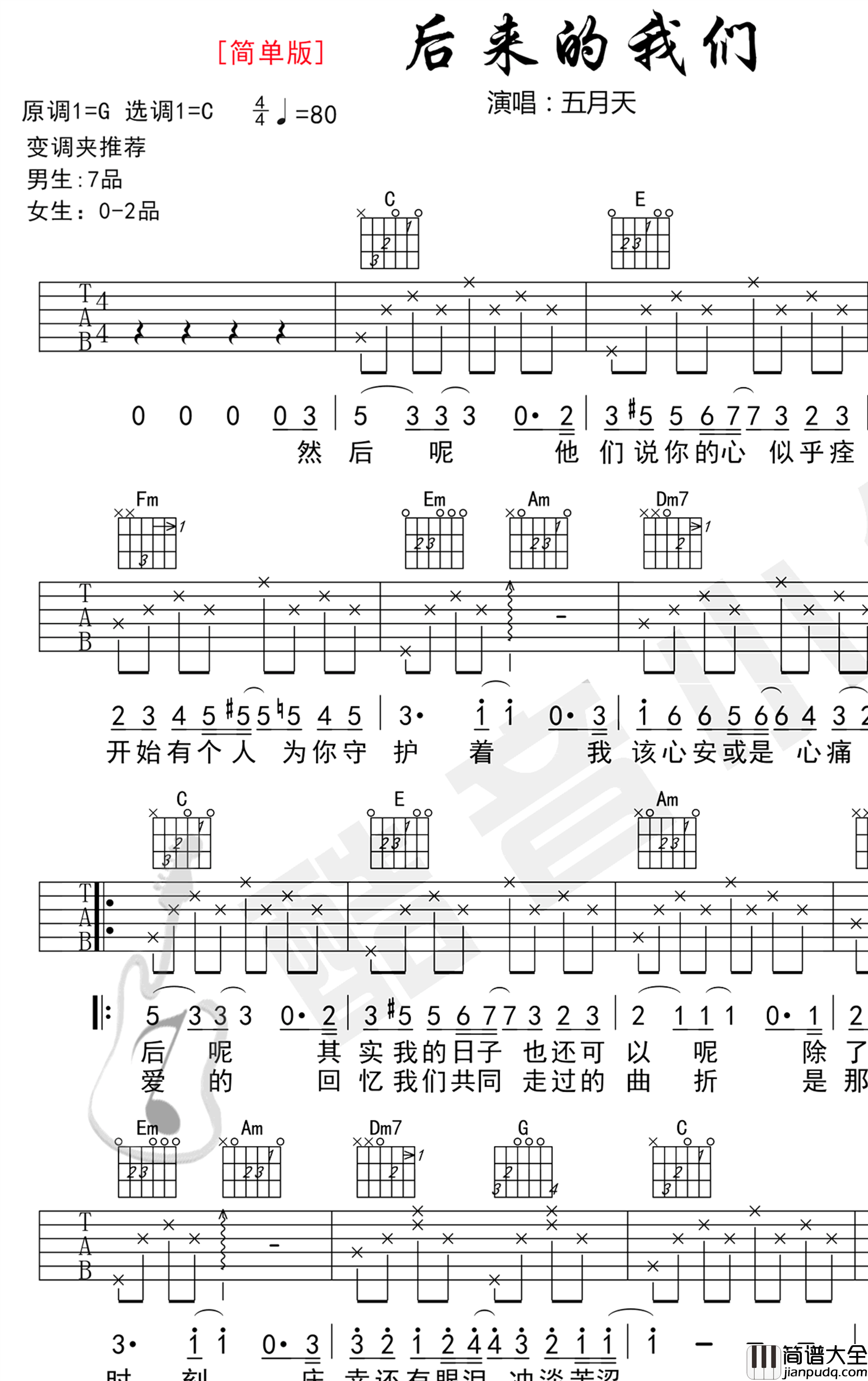 后来的我们吉他谱_五月天_C调简单版_弹唱六线谱