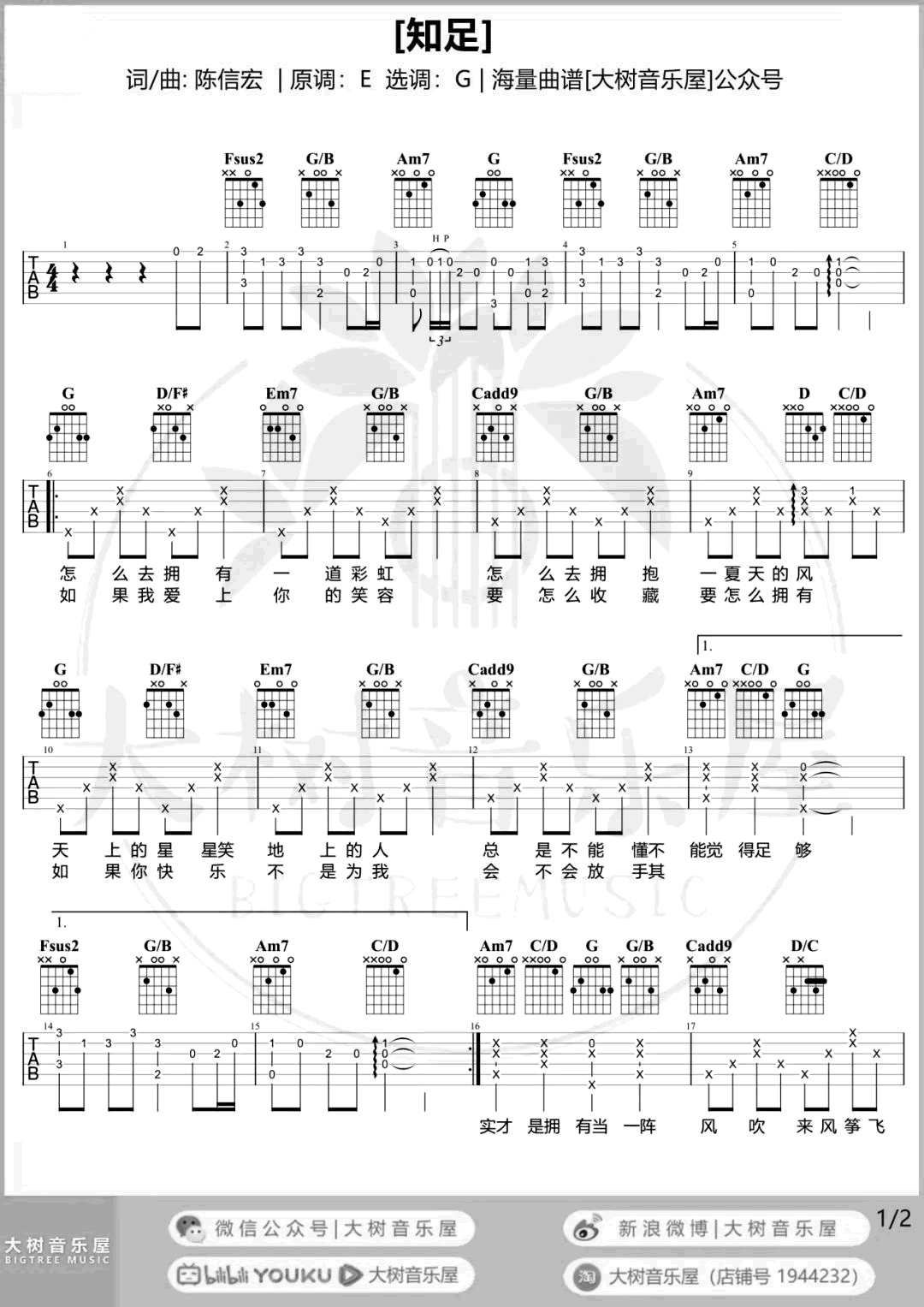 知足吉他谱_女生版_五月天_知足_吉他弹唱/教学视频