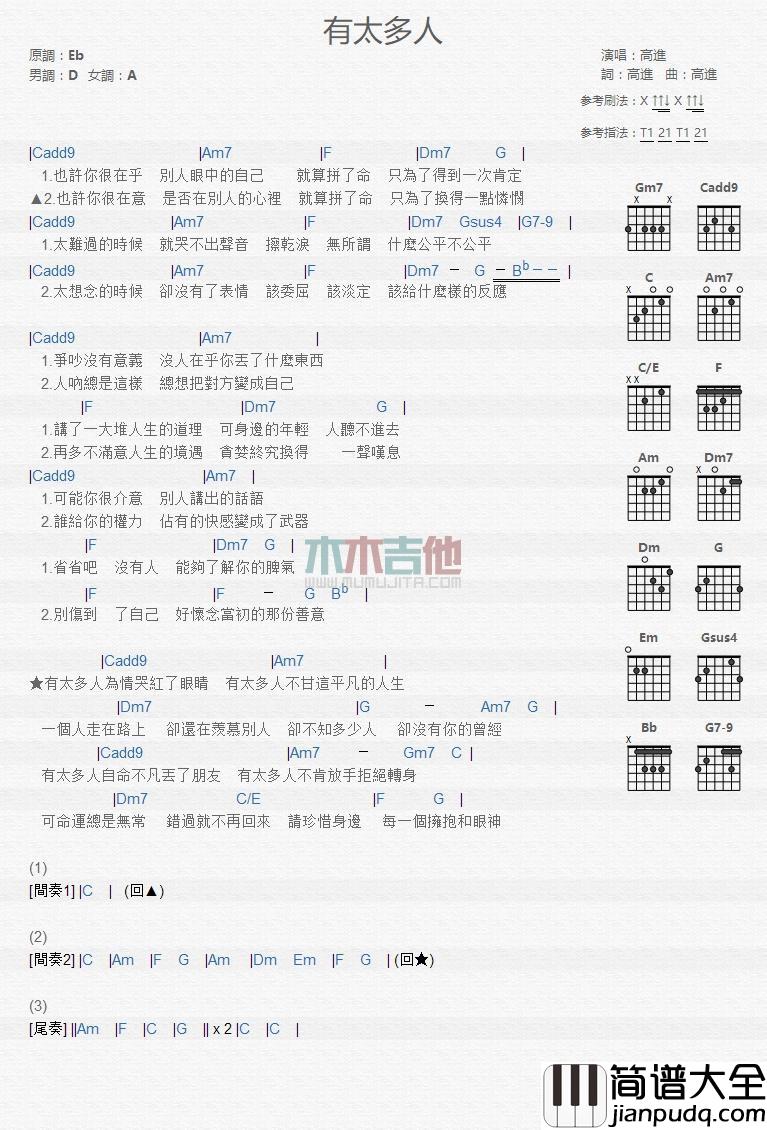 有太多人_吉他谱_高进