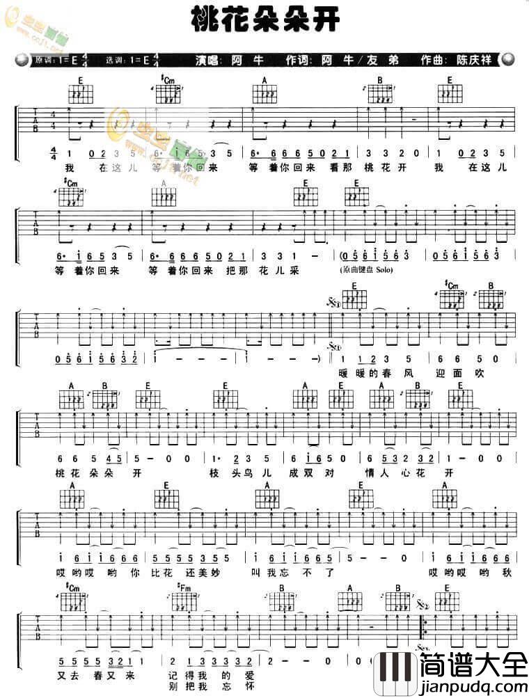 桃花朵朵开吉他谱_E调六线谱_阿牛