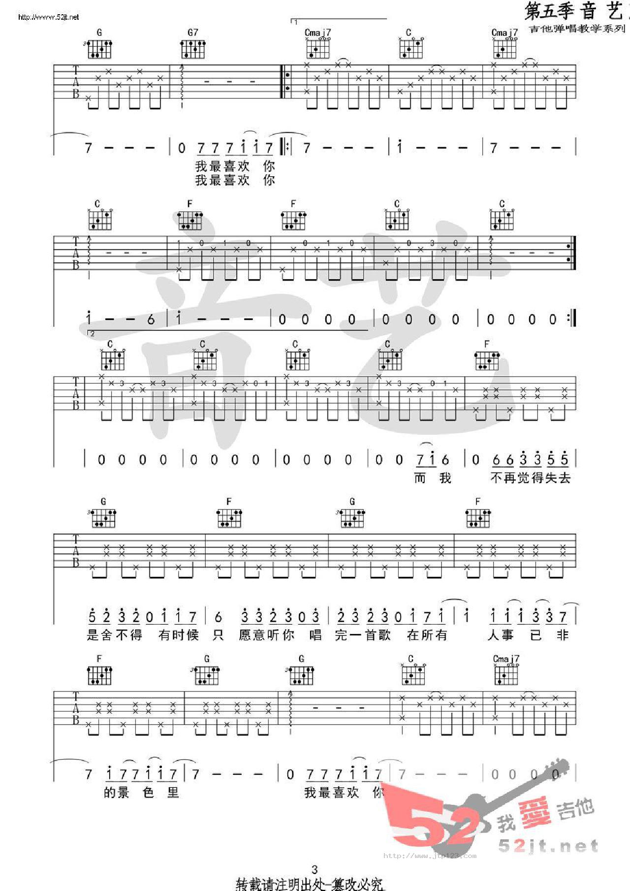 喜欢吉他谱_张悬_C调和弦弹唱谱_原版编配_图谱3