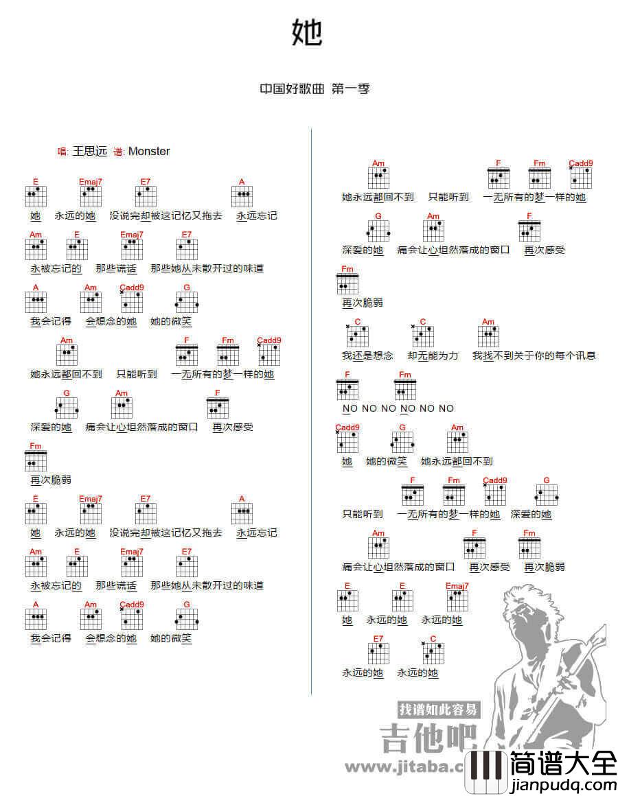 她吉他谱_E调和弦谱_吉他吧编配_王思远