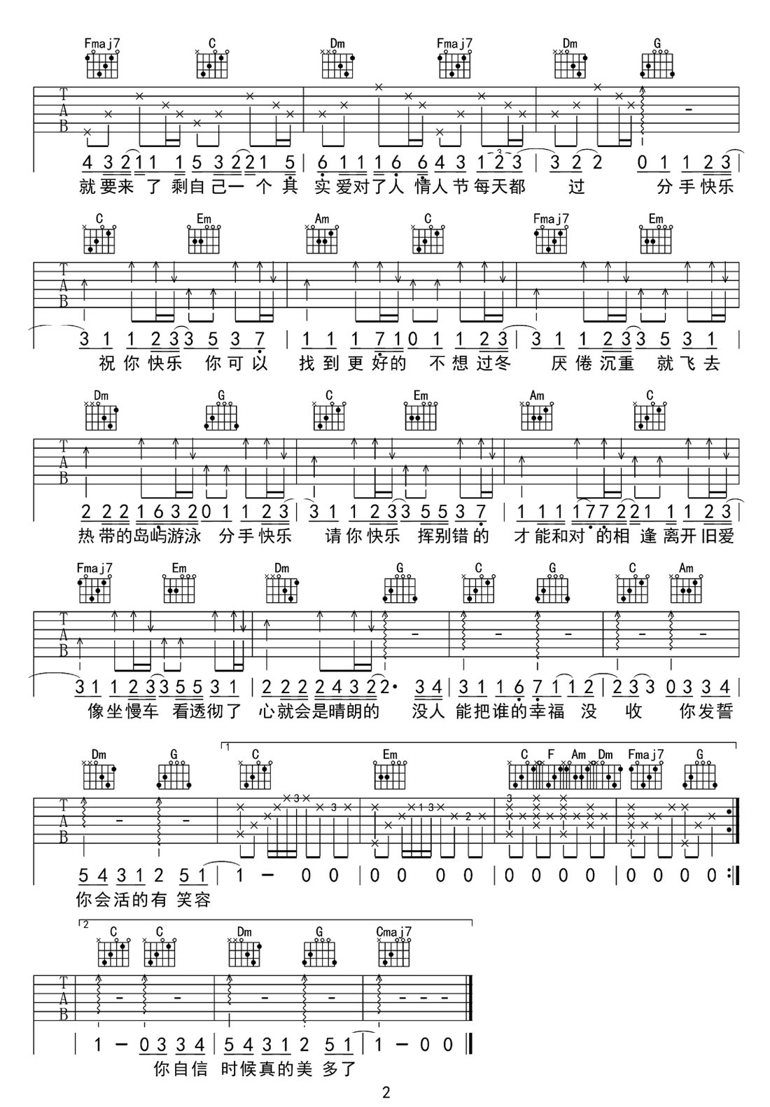 分手快乐吉他谱_梁静茹_C调和弦弹唱谱_高清高还原_图谱2