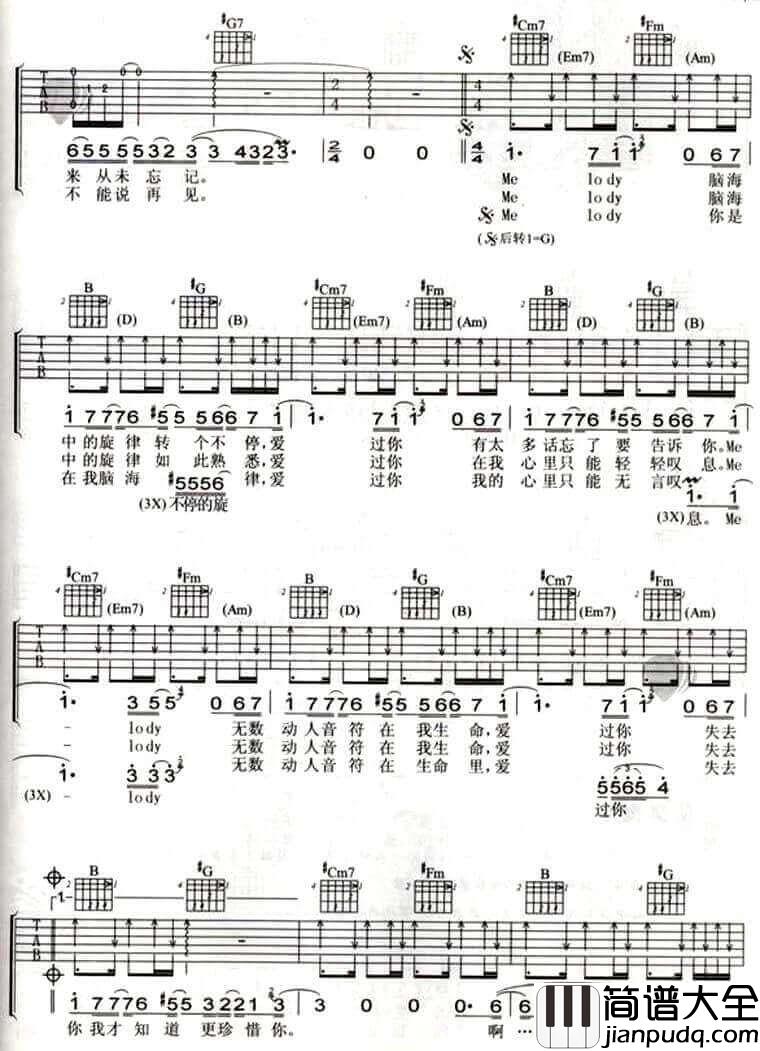 melody吉他谱_G调六线谱_小巧玲珑吉他编配_陶喆