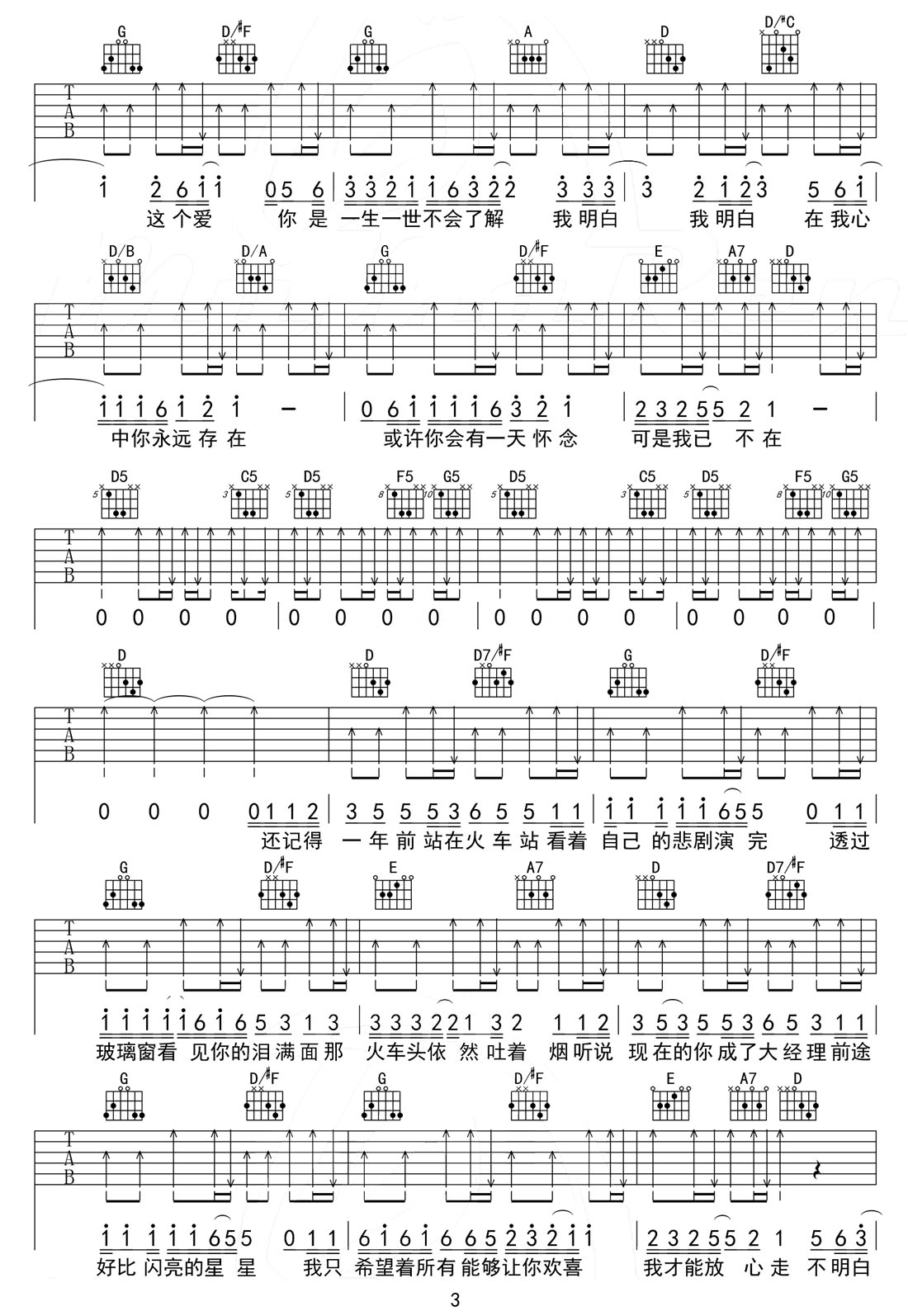 小镇姑娘吉他谱_陶喆_D调和弦弹唱谱_高清原版_图谱3