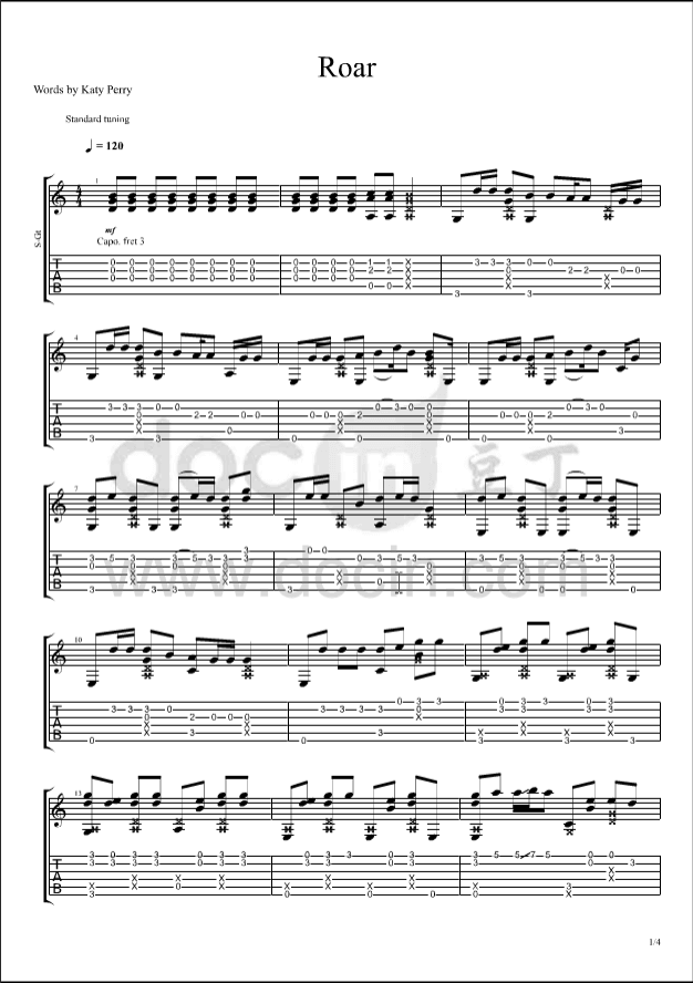 roar指弹谱_原调六线谱_Katy_Perry