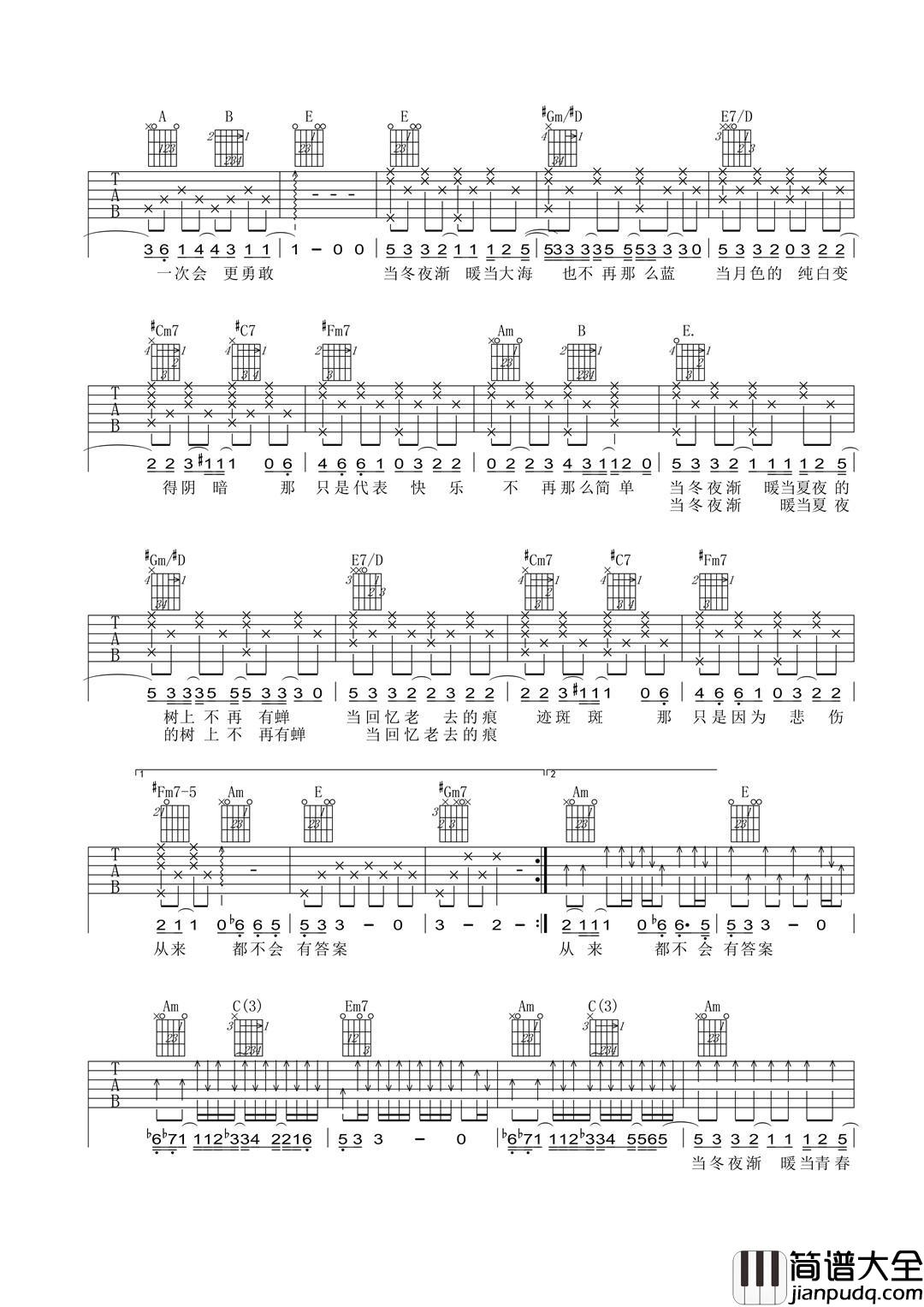 当冬夜渐暖吉他谱_E调_孙燕姿
